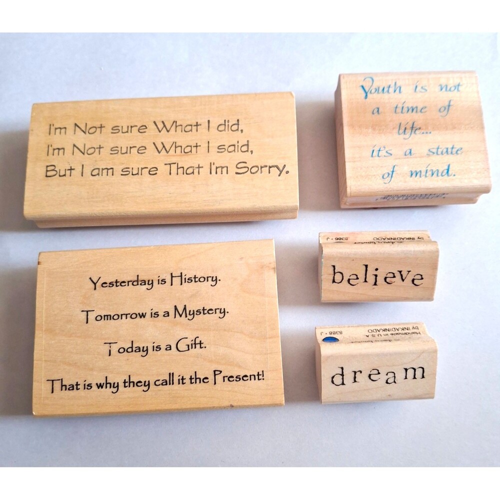 Lot of 5 Vintage Wood Mounted Rubber Stamps Inspirational Quotes Sayings Inkadin